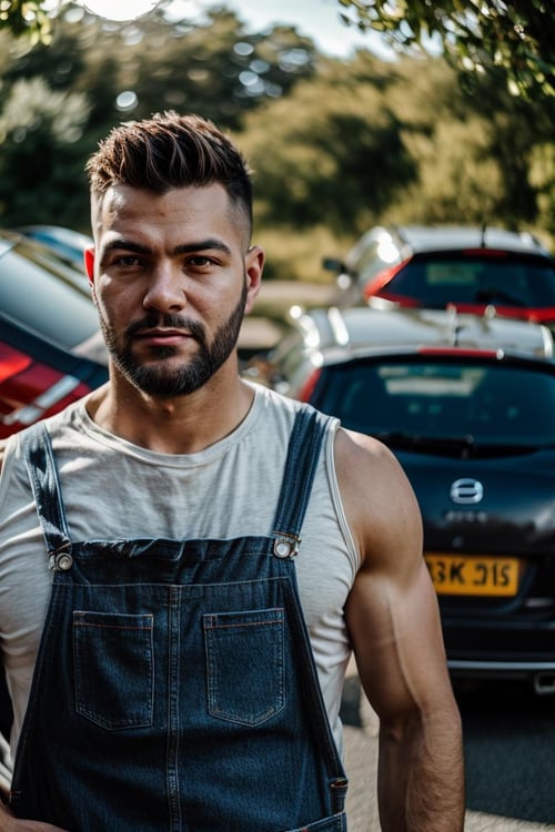 (8k, RAW photo, best quality, masterpiece), (realistic, photo-realistic), ultra-detailed, a man standing in front of cars, facing to viewer, daylight, outdoor, sunlight, flare spot, looking at viewer, cowboy shot, blue overalls, upper body, posing, closed-up, <lyco:petvzal85BokehLoHa_v1:0.7>