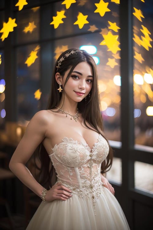 (8k, RAW photo, best quality, masterpiece), (realistic, photo-realistic), ultra-detailed, a girl standing in tavern, long hair, night, tavern, indoor, city lights, flare spot, looking at viewer, cowboy shot, black wedding dress, upper body, posing, closed-up, smile, (starry background),  starry_bokeh:1.5,  <lyco:hinaBokehLoHa:0.7>