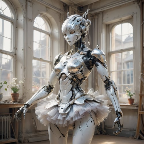 detailed shot of a robot, completely mechanic creature, made of glossy white plastic and silver, wearing a tutu, in a beautiful and delicate ballet pose, in an empty room with large windows through which warm light enters, art by Mschiffer