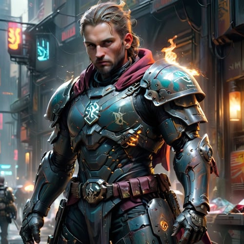 dystopian future,  corporate private military contractor,  blending scifi and fantasy, elite medieval knight,  (armor pulsing with magic and energy:1.4),  (intricate color capes:1.1), tactical implants,  dark cyberpunk aesthetic inspired by shadowrun