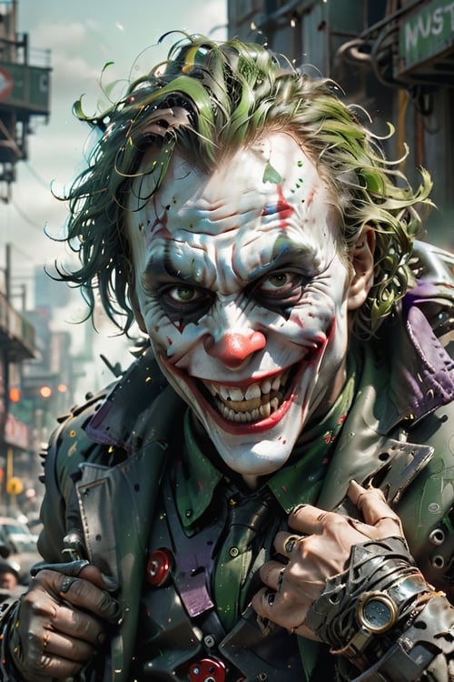 a detailed realistic close up of the Joker, Heath Ledger, large smile without showing teeth, evil smile, psycho, red nose, face white red and green, madness, looking to the camera, cinematic shot on canon 5d, ultra skin intricate clothes accurate hands, macro image detailed, shots, badass look, action, perfect eyes, best quality, extremely sharp focus face, analog fine film grain, post apocalyptic, cinematic, realistic, trending artstation, focus, studio photo, details, highly rutkowski, intricate, busy, raw, 4k, 8k, isometric, digital smog, 3d render, octane volumetrics, sf, artwork masterpiece, ominous, matte painting movie poster, golden ratio, cgsociety, 