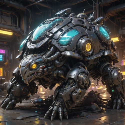 A mutant tortois, neon ambiance, abstract black oil, gear mecha, detailed acrylic, grunge, intricate complexity, rendered in unreal engine, photorealistic