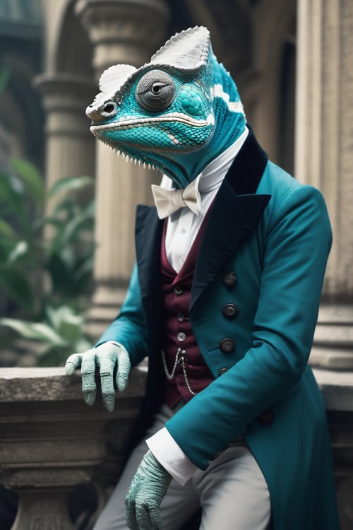 anthro (chameleon:1.1) | wearing Victorian classy clothes, | mysterious lost city setting | 3/4 pose, blended color, surreal, dramatic, cinematic, focus, highly detailed, perfect composition, beautiful detail, creative, positive light, elegant, calm