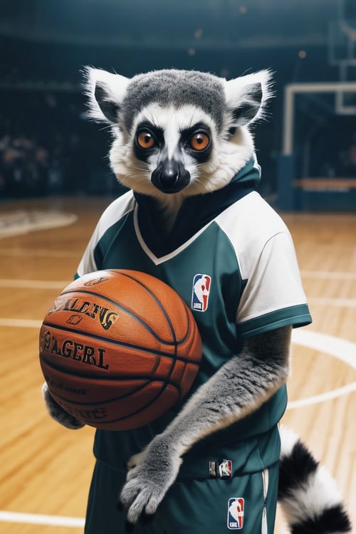anthro (lemur:1.1) | wearing basketball players clothes, | NBA setting | 3/4 pose, cinematic, professional, artistic, romantic, passionate, beautiful, calm, cute, divine, dramatic ambient light, lovely colors, perfect, symmetry