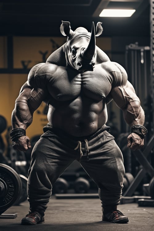 anthro (rhinocerous:1.1) | wearing strongman clothes, body builders gym setting | full body pose, deep focus, highly detailed, beautiful, cinematic, dramatic ambient light, sharp, perfect composition