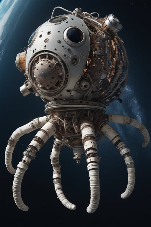 (octopus:0.9) made from (space junk:1.1) | 
flying in outer space
| RAW photo, photographic, realism pushed to extreme, fine texture, incredibly lifelike, cinematic, large format camera, photo realism, ultra-detailed, high quality