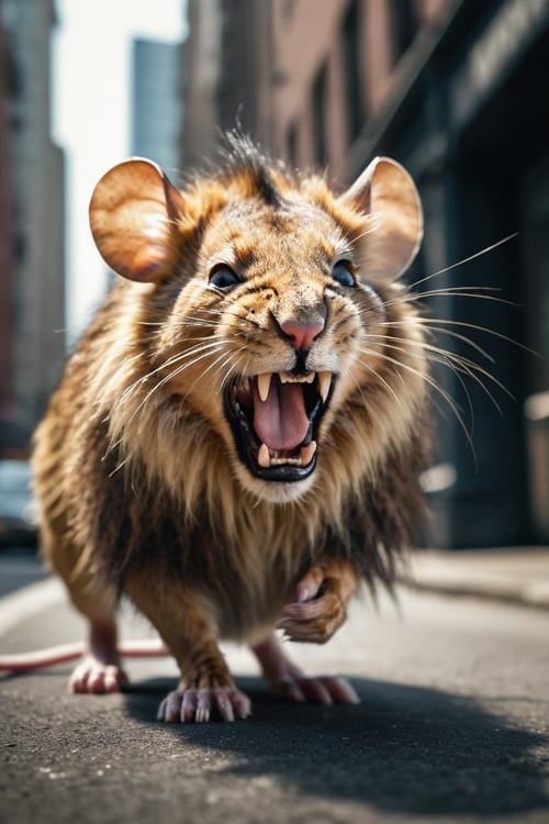 (small mouse:1.35) merge (lion:0.8) combination | mouse with lions mane and teeth is roaring in victory | urban setting | stunning detail, creative, cinematic, amazing composition, elegant, calm, fascinating, highly detailed, intricate, dynamic, beautiful, positive light, cute, engaging, new, enhanced