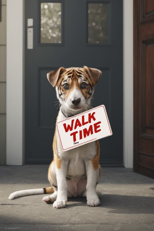 (jack russell:1.0) merge (tiger:1.0) combination | impatiently waiting, holding sign with text "WALK TIME!" | doorstep setting | stunning detail, creative, cinematic, amazing composition, elegant, calm, fascinating, highly detailed, intricate, dynamic, beautiful, positive light, cute, engaging, new, enhanced