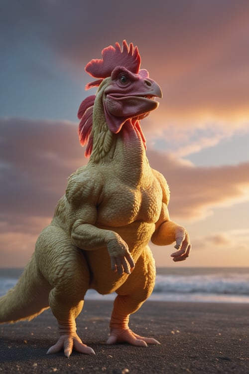 (hybrid:1.10) (chicken:1.25) (t-rex:0.95), (merge:1.1),|calm day with colourful sky. serene coastal area,|photographic, realism pushed to extreme, fine texture, incredibly lifelike, cinematic, large format camera, photo realism, DSLR, 8k uhd, hdr, ultra-detailed, high quality, high contrast,anthro