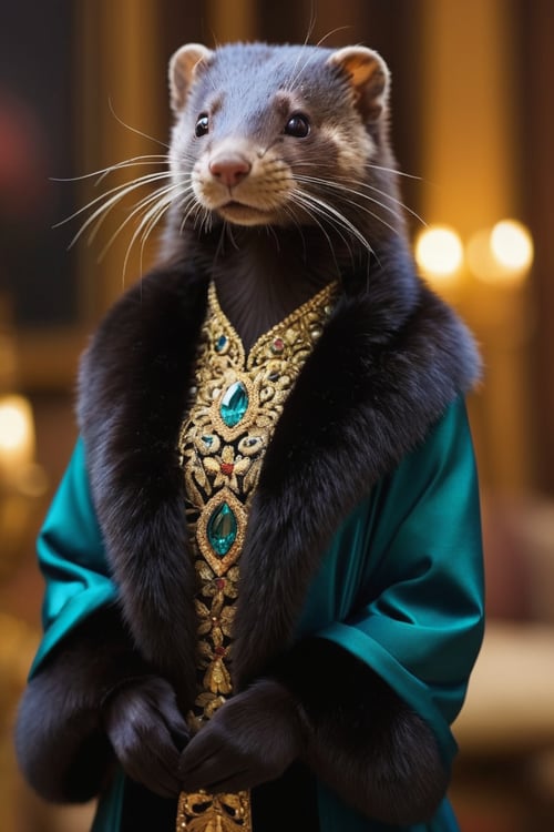 anthro female (mink:1.1) | wearing formal evening wear | glamorous setting | vivid colors, ambient background, sharp focus, beautiful detailed, cute, divine, elegant, intricate, creative, positive, attractive, stunning, magical, dramatic, illuminated, rich deep