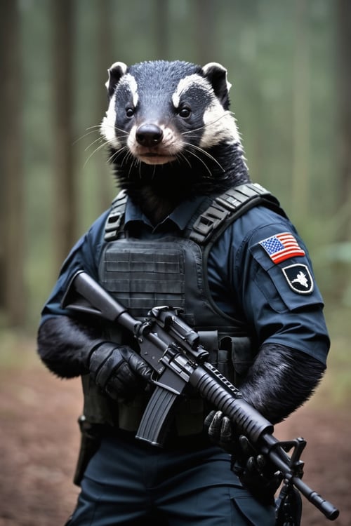 anthro (honey badger:1.1) | wearing military combat wear | war setting | perfect symmetry, fine detail, intricate, stunning, highly detailed, sharp focus, magical atmosphere, novel, fantastic, epic, cinematic, directed, full color, best, light