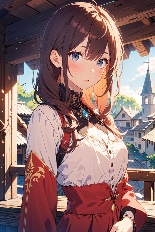 (masterpiece), best quality, high resolution, highly detailed, detailed background, perfect lighting, 1girl, bangs, ruby eyes, medium breasts, blouse, medieval village,