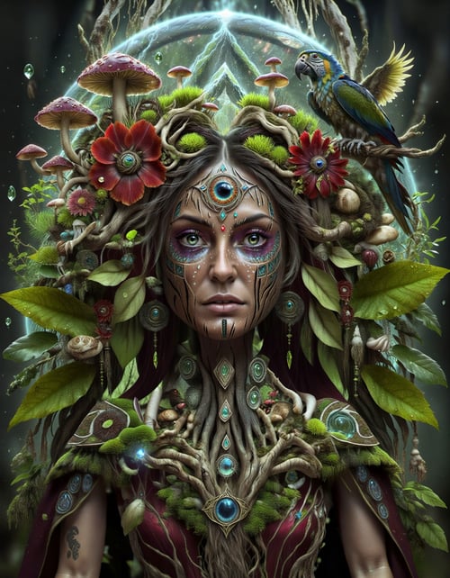 shaman druid, eyes closed, a woman with wood skin with mushrooms growing from her hair, dark, red flower blooming, gems, water, cape, rays, vines, colorful parrot, particles, crackled, mandala, fractal, covered in moss, plants, fantasy, glowing, detailed, overgrown, nature, mossy, last of us <lora:FANTAZEEXL_0.1_RC:1> <lora:F4NT4Z33-000004:1>