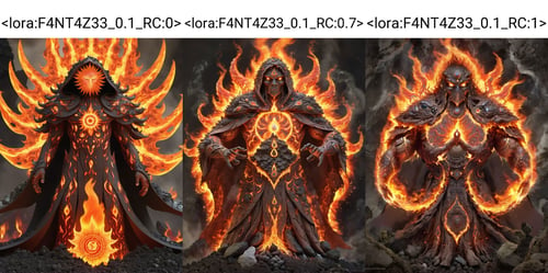 Fire Elemental - Fiery Figure with Molten Skin, Erupting Volcano, Lava Blooms, Embedded Gems, Molten Rocks, Lava-Infused Cloak, Fiery Rays, Enchanted Flames, Phoenix in Flight, Ember Particles, Cracked Earth, Rune Mandala, Fractal Patterns in Flames, Covered in Volcanic Moss, Guardian of the Inferno. <lora:F4NT4Z33_0.1_RC:0>