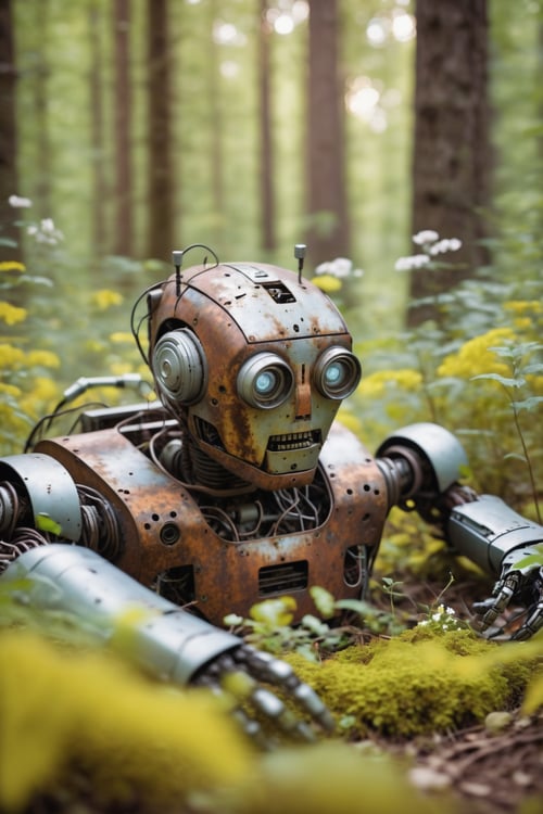 a dead old and rusty body of a robot lying in the forrest, plants and flowers grow out of the body of robot, depth of field, bokeh effect, ultra realistic, cinematography, hyper detailed, absolute realism
,more detail XL