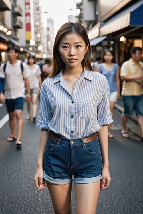 high fashion photography photo of a beautiful young asian woman, in the busy streets of Tokyo, striped button-up shirt with high-waisted shorts and flip-flops, full body, under chiaroscuro, dutch angle, shot on a Bolex H16
