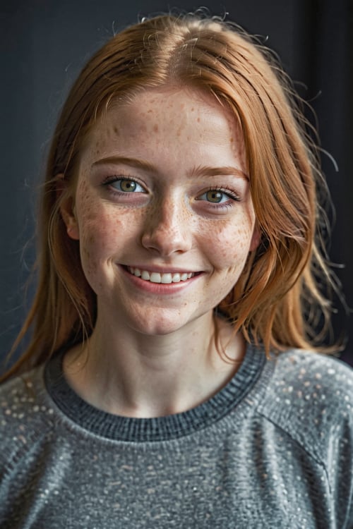  beautiful girl, smile, happy, close up, (detailed eyes:0.8), (looking at the camera:1.4), interior, ginger hair:1.3, dark studio, muted colors, freckles 
