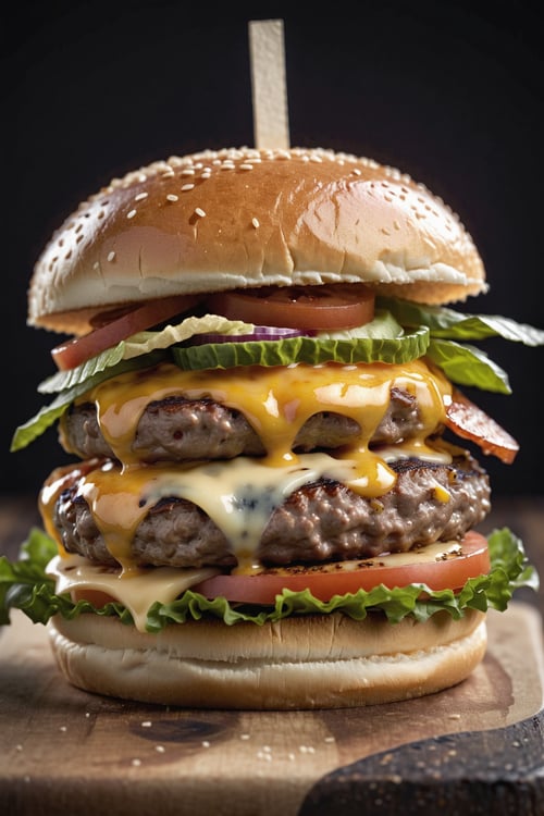 food photography photo of a burger with cheese, maximum detail, foreground focus
