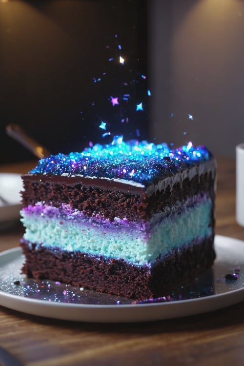 Delicious glowing galaxy cake on a dining table in the kitchen, comfortable light ,romantic light, ultra details ,photorealistic, realistic ,gel lighting, Cinematic, Filmic, medium shot, 4k, Front-light, Cinematic Lighting, volumetric Light, Ray Tracing Reflections, Chromatic Aberration, photography, hyper realistic, 4k, 8k,closeup
