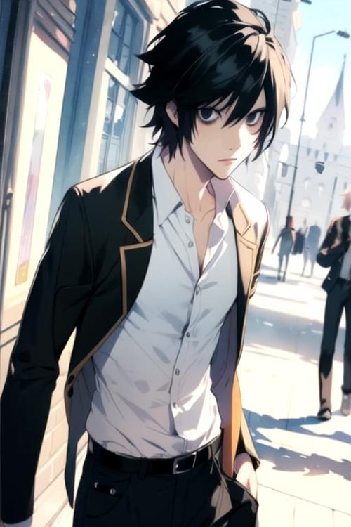 masterpiece, best quality, movie still, 1boy, solo, male focus, looking at viewer, , depth of field, (watercolor illustration, soft pastel colors:1.1), , <lora:l_lawliet:0.8>, l_lawliet, black hair, black eyes, , , suit pants, , steampunk,