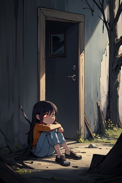 Cartoon, 1girl, desolate environment, near a large withered tree, dark fantasy background, black hair, long hair, red eyes, leaning against a destroyed wall, sad, depression, torn survival clothes, original_character
