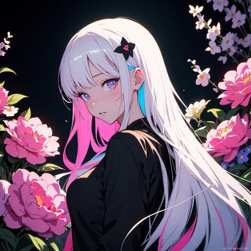 masterpiece, best quality, highly detailed background, perfect lightingbest quality,masterpiece, centered, a drawing of a girl with flowers in her hair, an anime drawing, featured on pixiv, gothic art, neon blacklight color scheme, multicolored art, shiny colors, beautiful female android, blue image, antialiased, living flora, colorful! character design