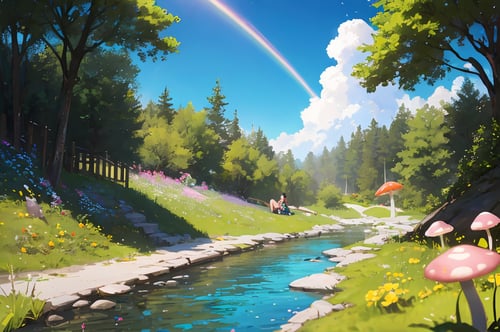 masterpiece, best quality, highly detailed background, perfect lighting,Cute,rat,Grassy field, Take off,Fly up,(sky:1.3),Miniature tree,many flowers, glowing mushrooms, (creek:1.3), sun, lots of fruits, cute colorful animal protagonist, Firefly,meteor, aurora,sunbeams,phone,Colorful clouds,crossing legs,lie down,