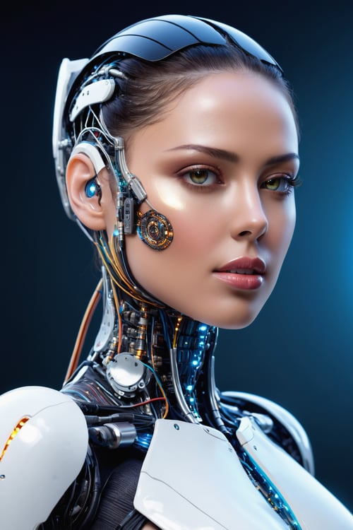 (highres, masterpiece:1.2), ultra-detailed, realistic, physically-based rendering, cyborg woman, electronic systems on-head humanoids, with a detailed brain that you can see, cranial mechanical parts representation, female face, beautiful detailed eyes, beautiful detailed lips, muscle wire, flesh-colored skin, metallic elements, digital interface, glowing circuitry, advanced sensors, high-tech prosthetics, seamless integration, artificial intelligence, technological enhancements, wearable technology, modern aesthetics, bionic enhancements, advanced biotechnology, sleek and futuristic design, blending of human and machine, symbolic representation of human evolution, harmonious coexistence of organic and synthetic components, vivid colors, dynamic lighting