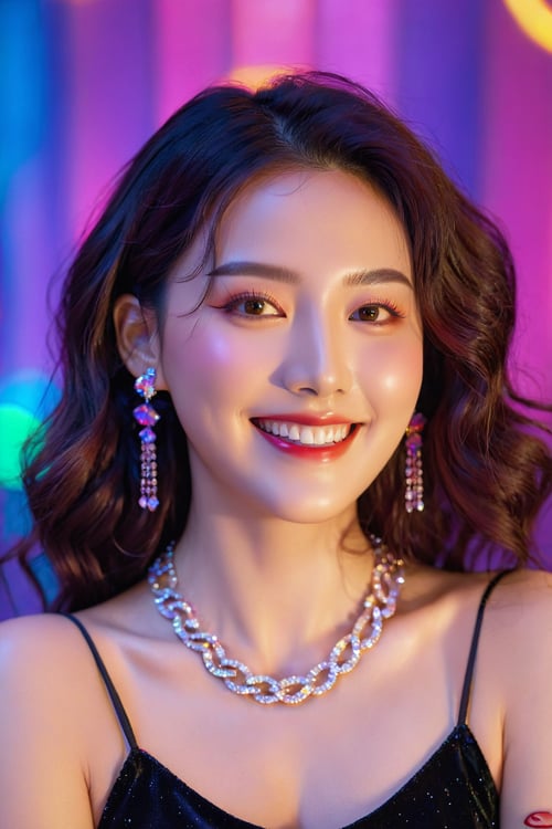 best quality, 4k, 8k, highres, masterpiece:1.2, ultra-detailed, realistic:1.37, woman with a necklace, necklace, neon background, popular korean makeup, cute smile, character album cover, dark psychedelia style, joy, portrait, bokeh, vivid colors, studio lighting, colorful, expressive eyes, graceful pose, glowing skin, wavy hair, sparkling jewelry, artistic composition, lively atmosphere, mesmerizing, alluring, energetic, dynamic, depth, texture, emotional connection, harmonious blend, natural beauty, enigmatic, powerful, photographic aesthetics,<lora:EMS-89317-EMS:0.800000>