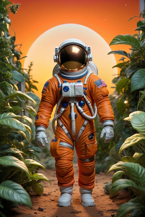 An astronaut in an orange astronaut outfit, standing against a sunset background. The astronaut is positioned front facing and is shown from the waist up. The sunset provides a warm and vibrant color palette. The scene is surrounded by lush plants, adding a touch of nature to the composition. The image quality is top-notch and high-resolution, with ultra-detailed features. The style of the artwork is realistic, with vivid colors and professional craftsmanship. The lighting accentuates the astronaut's figure, creating a captivating atmosphere, 3D