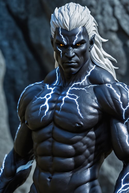 ((masterpiece, best quality)), A remarkable masterpiece showcases a magnificent black humanoid sculpted from solid rock, his upper body bare and muscular. His skin, etched with intricate cracks, emits white electricity that weaves through the fissures. With dragonborn qualities, this stunning male figure possesses striking white hair, set against a highly detailed outdoor background.