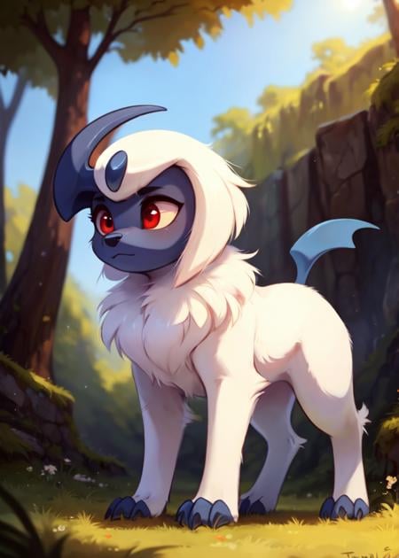 <lora:F1-Furry-Eeveelution:0.75>, uploaded on e621, ((by Haps, by Reysi, by Mewgle, by Trevart)), solo chibi (quadruped feral:1.4) ((Absol)) with ((white body)) and ((grey blue face)) and ((neck fur tuft)) and (grey blue claws) and ((clear dark red eyes)), ((chibi)), (detailed Absol), ((detailed fluffy fur)), (three-quarter portrait, looking away, side view, [low-angle view]:1.2), BREAK, (detailed background, depth of field, half body shadow, sunlight, ambient light on the body), (intricate:0.7), (high detail:1.2), (unreal engine:1.3), (soft focus:1.1), [explicit content, questionable content], (masterpiece, best quality, 4k, 2k, shaded, absurd res)