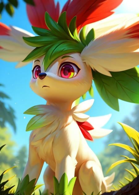 <lora:F1-Furry-Eeveelution:0.75>, uploaded on e621, ((by Yookie, by Anton Fadeev, by Tomer Hanuka)), solo chibi (quadruped feral:1.4) ((Shaymin)) with ((white and green body)) and ((green hair)) and ((long white ears)) and ((red petal)) and ((clear light magenta eyes)), (detailed Shaymin), ((detailed fluffy fur)), (three-quarter portrait, looking away, three-quarter view, [low-angle view]:1.2), BREAK, (detailed background, depth of field, half body shadow, sunlight, ambient light on the body), (intricate:0.7), (high detail:1.2), (unreal engine:1.3), (sharp focus:1.1), [explicit content, questionable content], (masterpiece, best quality, 4k, 2k, shaded, absurd res)