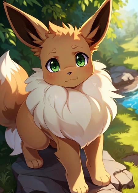 <lora:F1-Furry-Eeveelution:0.75>, uploaded on e621, ((by Issac Levitan, by Rumiko Takahashi, by Ephraim Moses Lilien, by Hioshiru, by Glacierclear)), solo (quadruped feral:1.4) ((Eevee)) with ((tan body)) and (((white neck tuft))) and (brown fluffy dipstick tail) and ((clear light green eyes)), (detailed Eevee), ((detailed fluffy fur)), (three-quarter portrait, looking at viewer, three-quarter view, [high-angle view]:1.2), BREAK, (detailed background, depth of field, half body shadow, sunlight, ambient light on the body), (intricate:0.7), (high detail:1.2), (unreal engine:1.3), (sharp focus:1.1), [explicit content, questionable content], (masterpiece, best quality, 4k, 2k, shaded, absurd res)