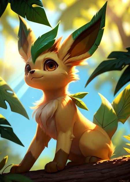 <lora:F1-Furry-Eeveelution:0.75>, uploaded on e621, ((by Yookie, by Anton Fadeev, by Tomer Hanuka)), solo chibi (quadruped feral:1.4) ((Leafeon)) with ((tan body)) and ((((leaf ears)))) and ((leaf tail)) and ((clear dark brown eyes)) and ((leaf elements decorate)), (detailed Leafeon), ((detailed fluffy fur)), (full-length portrait, looking at viewer, side view, [low-angle view]:1.2), BREAK, (detailed background, depth of field, half body shadow, sunlight, ambient light on the body), (intricate:0.7), (high detail:1.2), (unreal engine:1.3), (soft focus:1.1), [explicit content, questionable content], (masterpiece, best quality, 4k, 2k, shaded, absurd res)