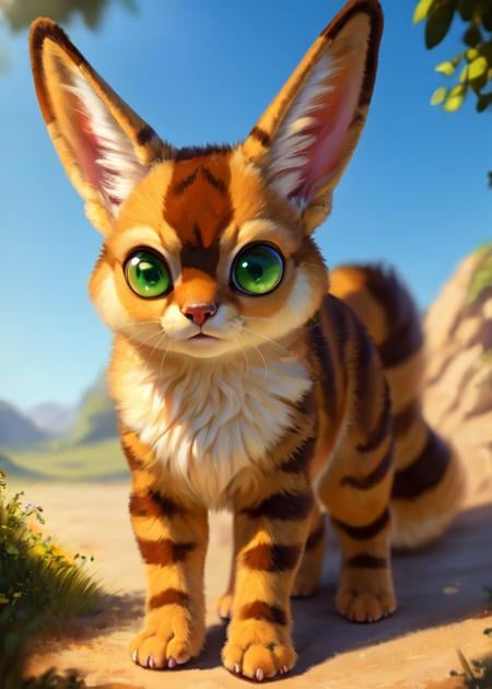 <lora:F1-Furry-Eeveelution:0.75>, uploaded on e621, ((by Sabretoothed Ermine, by Supplesee, by Joaquín Sorolla)), solo (quadruped feral:1.4) chibi (((Teto \(ghibli\)))) with ((stripes brown body)) and (fluffy tails, inner fluff ear, cheek tuft, fennec ears) and ((clear green eyes)), (detailed Teto \(nausicaa\)), ((detailed fluffy fur)), (full-length portrait, looking away, front view, [high-angle view]:1.2), BREAK, (detailed background, depth of field, half body shadow, sunlight, ambient light on the body), (intricate:0.7), (high detail:1.2), (unreal engine:1.3), (soft focus:1.1), [explicit content, questionable content], (masterpiece, best quality, 4k, 2k, shaded, absurd res)