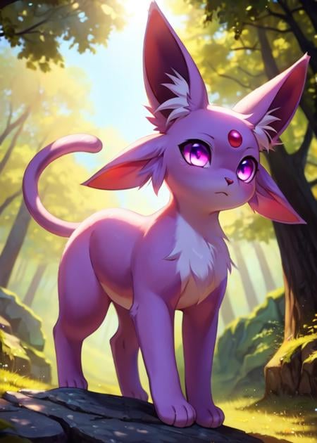 <lora:F1-Furry-Eeveelution:0.75>, uploaded on e621, ((by Fumiko, by Makoto Shinkai, by Kaeritai07)), solo chibi (quadruped feral:1.4) ((Espeon)) with ((light medium purple body)) and ((clear violet eyes)), ((purple cheek tuft)) and (long ears) and ((long cat tail)), (detailed Espeon), ((detailed fluffy fur)), (full-length portrait, looking away, three-quarter view, [low-angle view]:1.2), BREAK, (detailed background, depth of field, half body shadow, sunlight, ambient light on the body), (intricate:0.7), (high detail:1.2), (unreal engine:1.3), (sharp focus:1.1), [explicit content, questionable content], (masterpiece, best quality, 4k, 2k, shaded, absurd res)