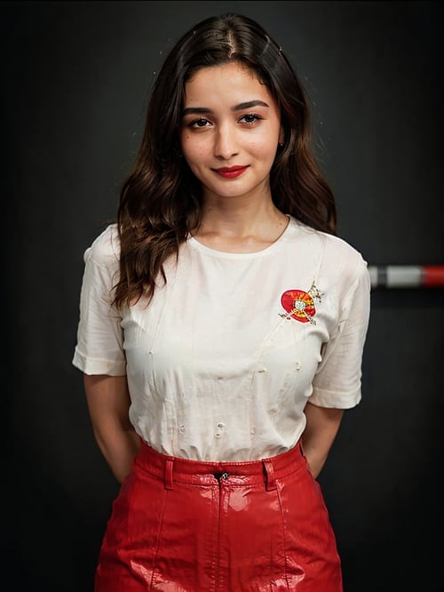 AliaBhatt, (red lipstick:1.1), (looking at the viewer:1.3), beautiful smile 

nijistyle, full body of cyborg lady, cybernetic jaw, mechanical parts, white shirt, unbottoned, black latex skirt, metal skin, glowing red eyes, cables, wires, black hair, simple background
