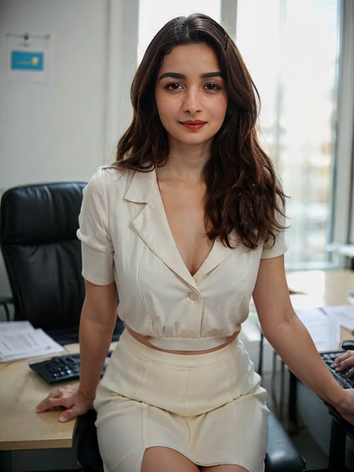 AliaBhatt, (red lipstick:1.1), (looking at the viewer:1.3), beautiful smile 

Office babe, Professional woman dressed in office attire, Light makeup, White blouse with unbuttoned top, Black tight skirt revealing long legs, High black heels, Posing at a modern office desk, Laptop and papers scattered around, Showcasing her cleavage, Low angle shot, Highlights the subject's legs and cleavage, Office desk in the foreground, Soft background focuses on the subject, Natural light coming from the window