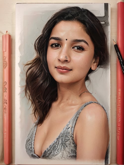AliaBhatt, random funny expression, busty MILF, stretch marks 

intricate realistic pencil drawing on spiral bound notebook, color splash, caricature