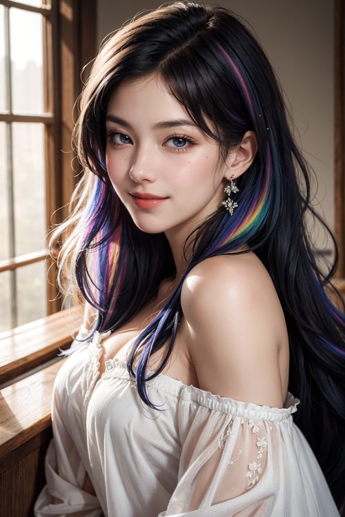 masterpiece, best quality, photorealistic, raw photo, 1girl, long hair, blouse, light smile, detailed skin, pore, off_shoulder, Realism, rainbow hair, rich color