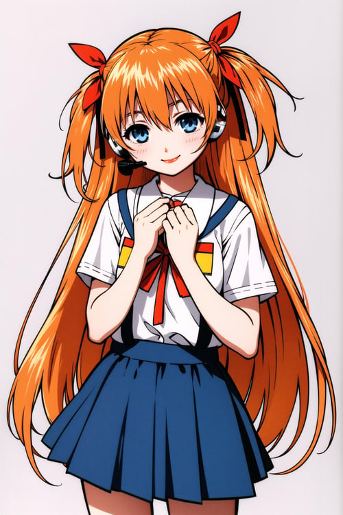 1girl, souryuu asuka langley, solo, long hair, school uniform, blue eyes, smile, lipstick, white background, ribbon, shirt, simple background, own hands together, orange hair, short sleeves, skirt, red ribbon, neck ribbon, white shirt, bangs, hair between eyes, looking at viewer, tokyo-3 middle school uniform, signature, closed mouth, two side up, hair ornament, suspender skirt, interface headset, suspenders, traditional media, cowboy shot, interlocked fingers, blue skirt, <lora:Yasuomi Umetsu:0.8>