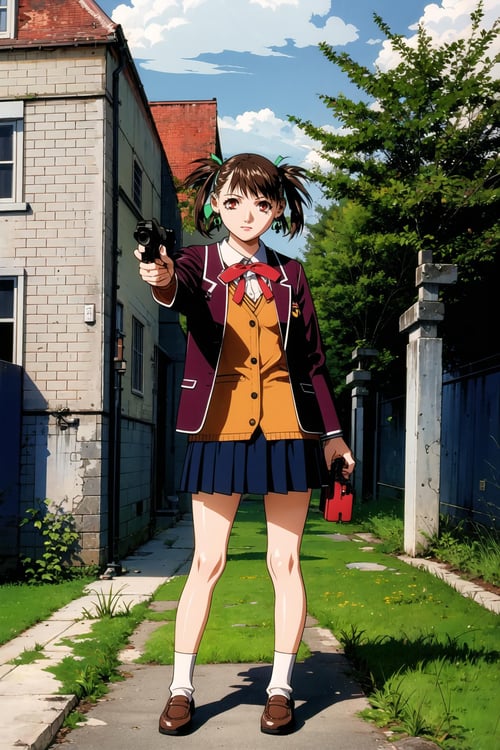 Sawa, 1girl, skirt, holding, solo, holding weapon, weapon, jacket, holding gun, outdoors, gun, loafers, red eyes, school uniform, shoes, sign, pleated skirt, long sleeves, full body, standing, blazer, miniskirt, brown footwear, socks, brown hair, bangs, grass, handgun, tree, ribbon, twintails, day, aiming at viewer, short hair, open jacket, open clothes, vest, hair ribbon, earrings, road sign, white socks, looking at viewer, short twintails, bag,  <lora:Yasuomi Umetsu:0.8>,   <lora:Sawa:0.6>