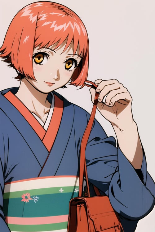 Mikura Suzuki, 1girl, solo, japanese clothes, kimono, red hair, simple background, white background, short hair,  handbag, orange eyes,  <lora:Yasuomi Umetsu:0.8>,  <lora:Mikura Suzuki:0.6>