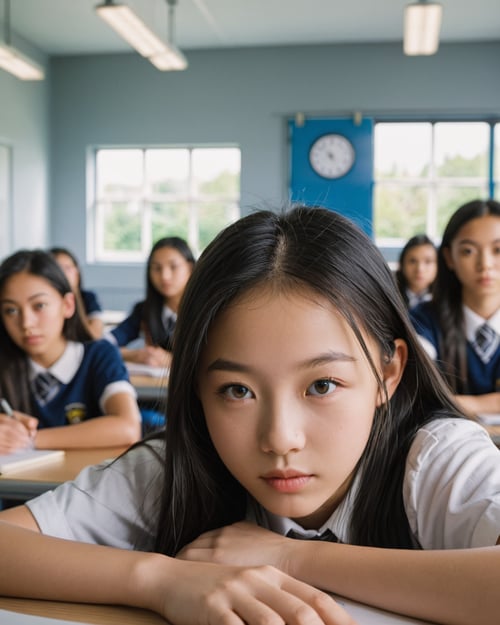 eyes shoot photo, cloe up,portraitphoto of a 15 year old asian girl in a modern classroom sitting at a school table with other students in the background 
