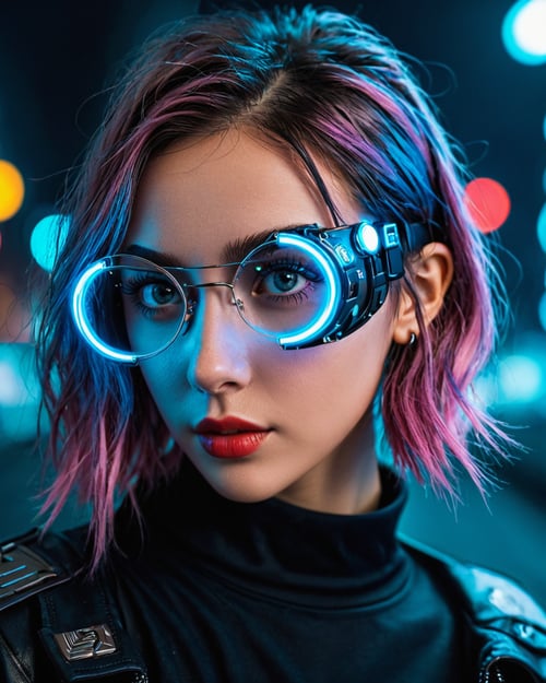 eyes shoot photo, cloe upA very lovable girl with cyberpunk style, photo for social media profile, wearable device similar to smart glasses ,