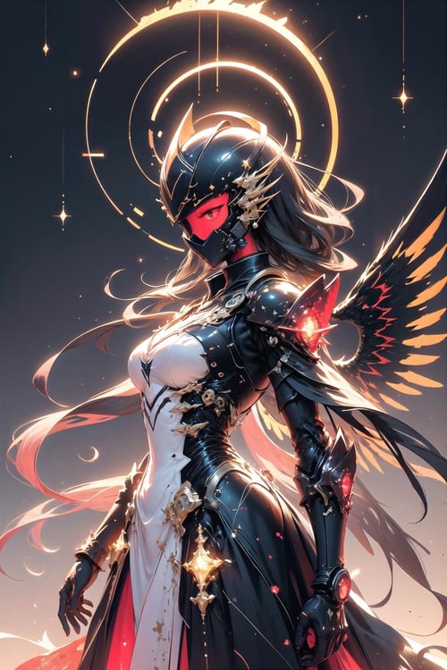 <lora:wrenchsmechs:1>, wrenchsmechs, 1girl, glowing, black mecha, wings, halo, long hair, mechanical wings, <lora:wrenchfaeflare:0.8>, wrenchfaeflare, glowing, embroidery, accessories, jewelry, reflection, refraction, red dress, pinstripe  pattern, night sky, starry sky, star \(sky\), (cowboy shot:1.2), (close-up:1.1), helmet, 
