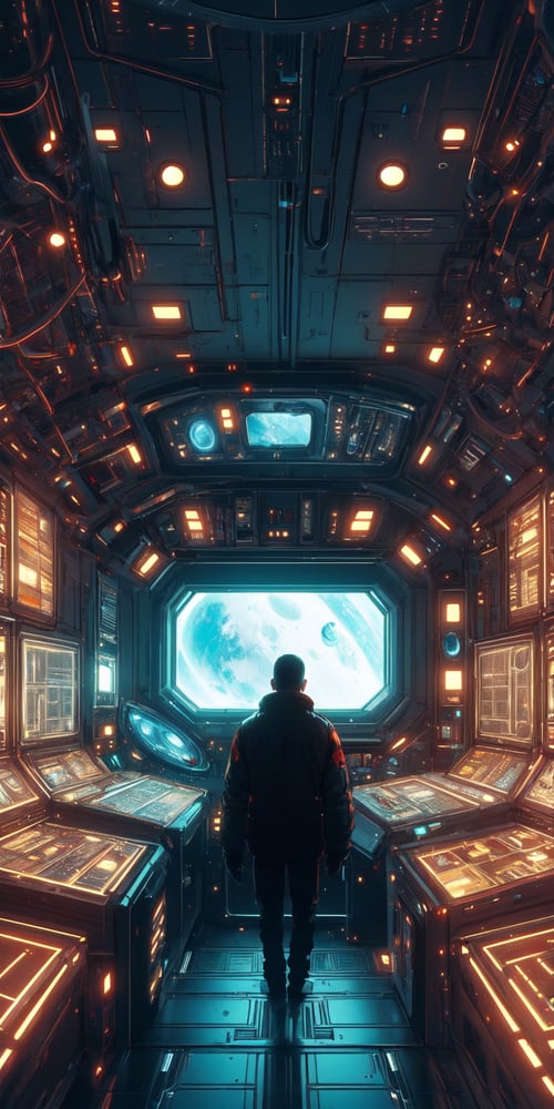Futuristic room,science fiction, looking through the Window, neon lights, screens,inside a spaceship, space outside, planets,