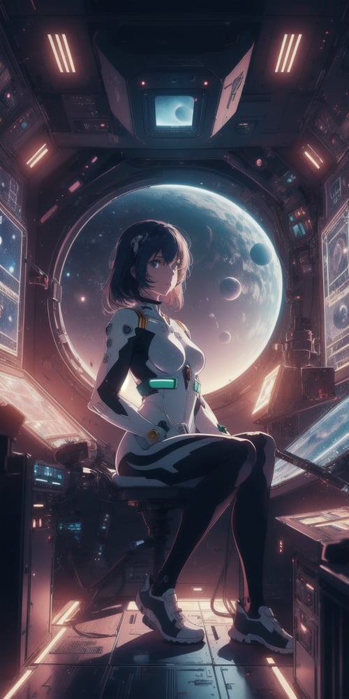 1girl, Girl solo, Girl focus, photorealistic,Futuristic room,science fiction, neon lights, screens,inside a spaceship, space outside, planets,rei ayanami, plug_suit 
