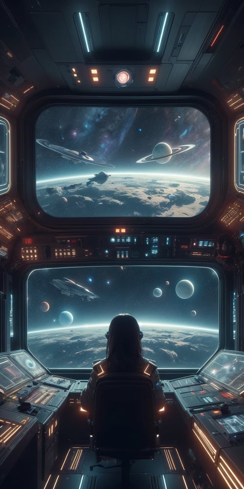 1girl, photorealistic,Futuristic room,science fiction, looking through the Window, neon lights, screens,inside a spaceship, space outside, planets,